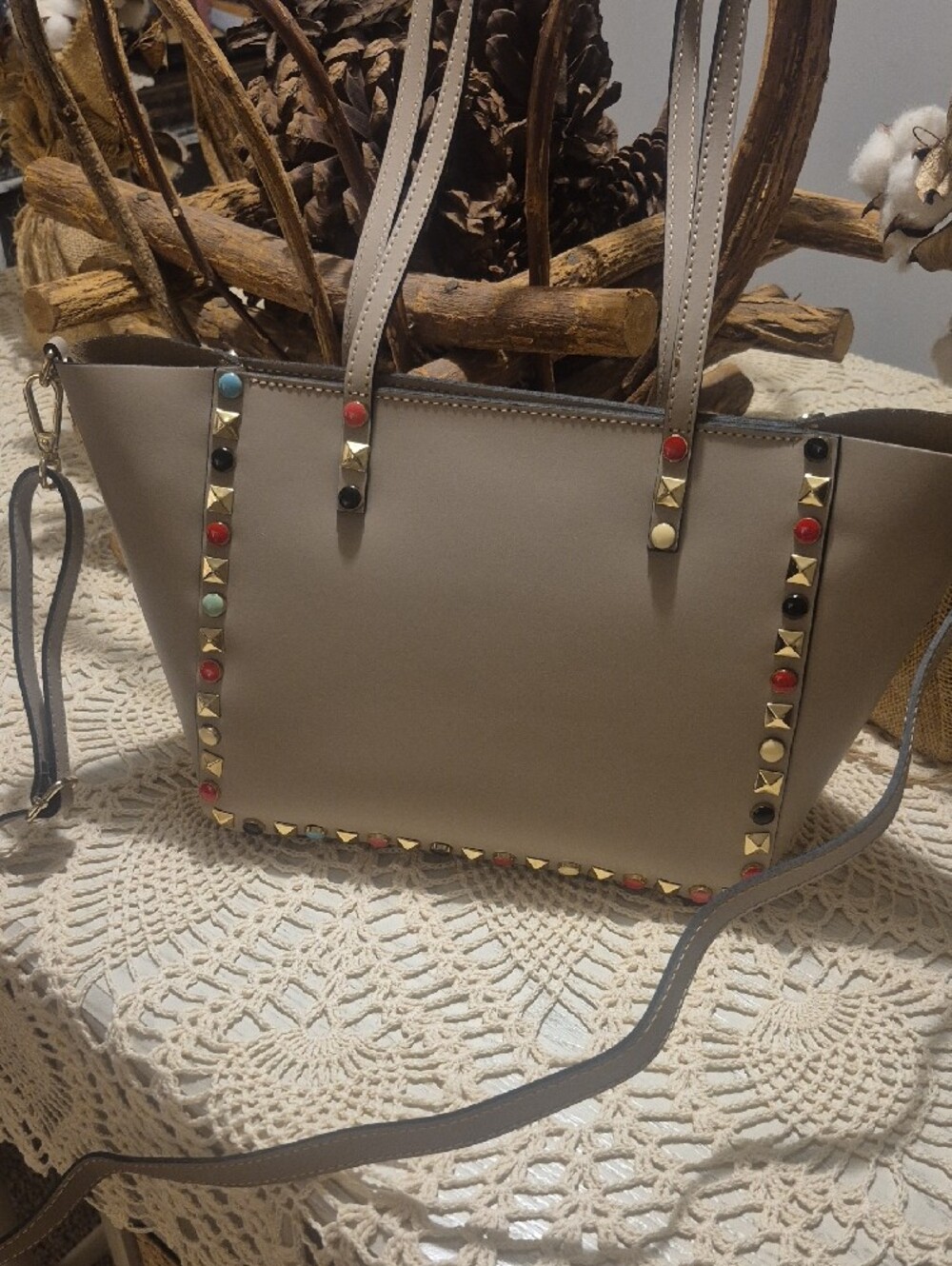 Stud-Trim Taupe Shoulder Tote Bag - Picture 3 of 7